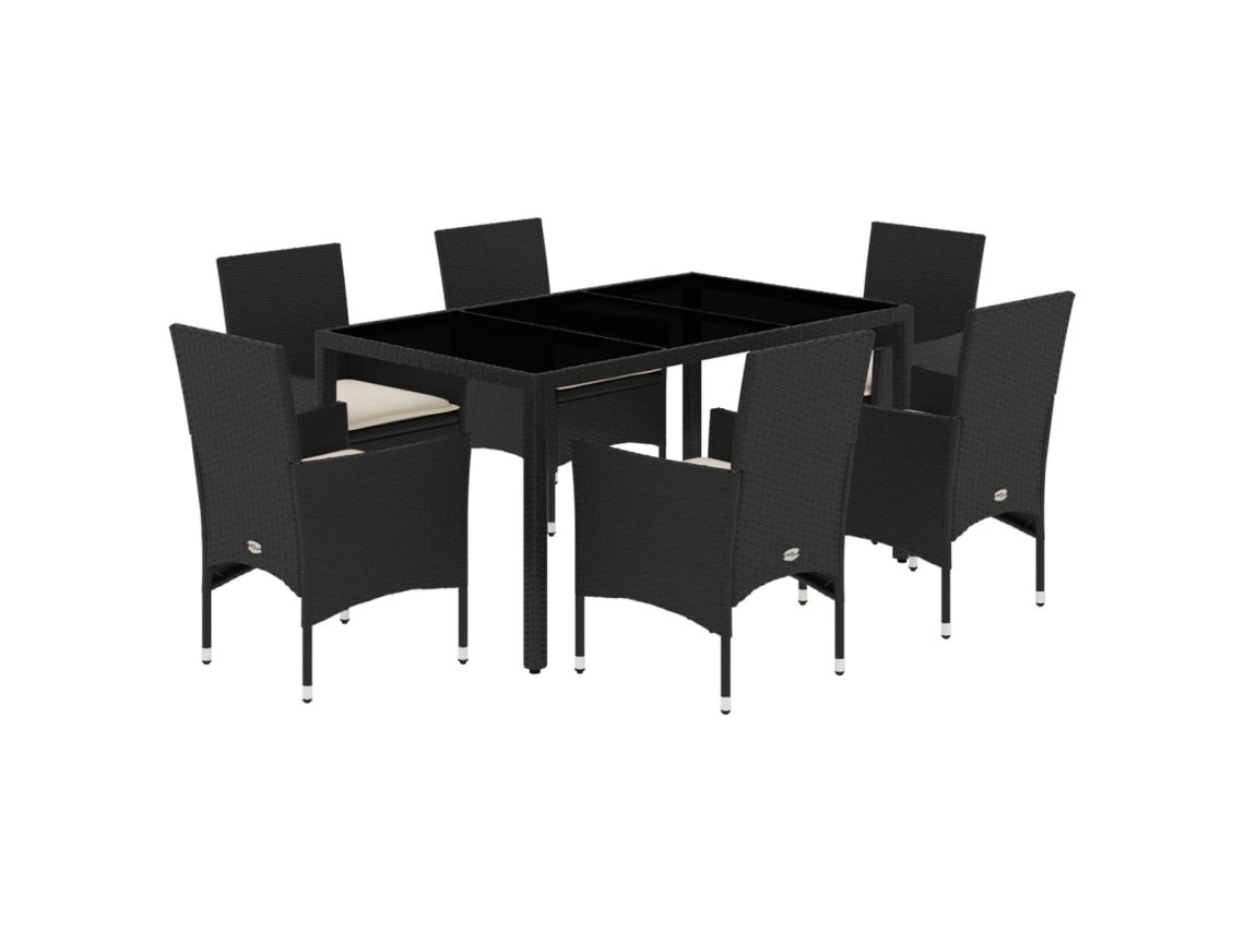 Conjunto de 7 Jantar Jardim com Almofadões Vime Pe/vidro Preto MAISON EXCLUSIVE