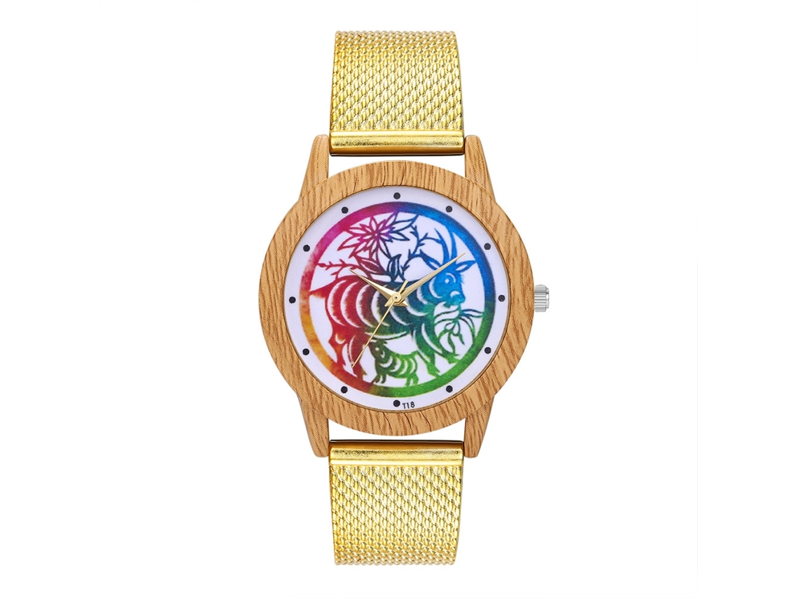 Relógio de quartzo com pulseira de malha de madeira para homens e mulheres T18-f2 (dourado)