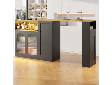 Aparador Giratório,armário Preto Fosco,tampo De Madeira,portas De Vidro,luzes Led,aparador,adega,canto Do Café Mega Echo Trade Shop