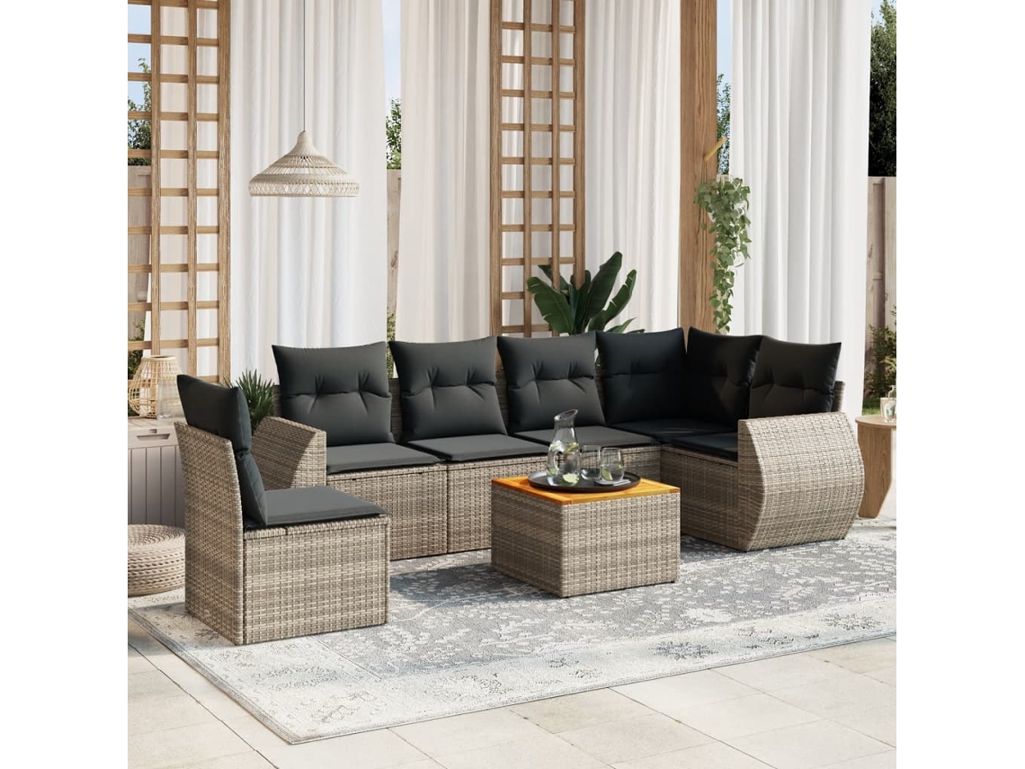 Vidaxl 7 Pcs Conjunto Sofás P/ Jardim C/ Almofadões Vime Pe Cinzento