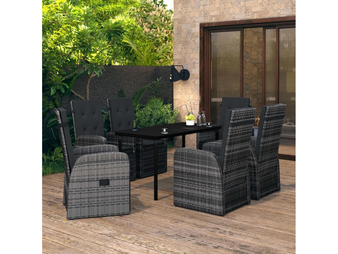 Vidaxl 7 Pcs Conjunto De Jantar Para Jardim Com Almofadões Cinzento