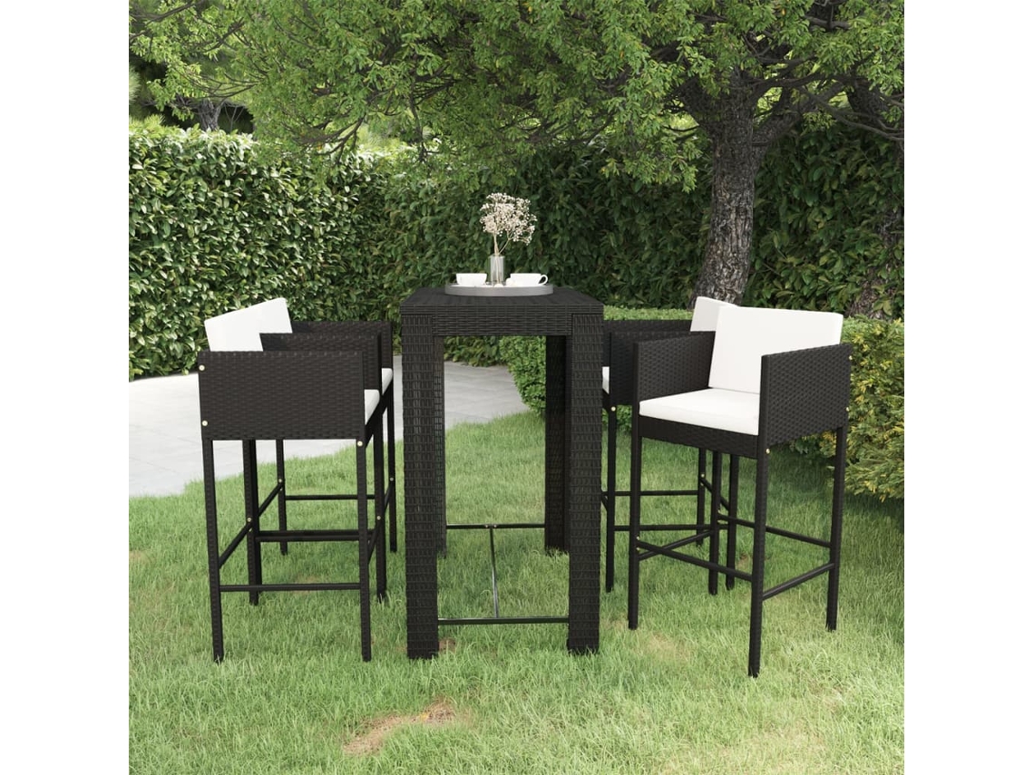 Conjunto Bar 5 Peças P/ Jardim C/ Almofadões Vime Pe Preto Dkd Home Decor
