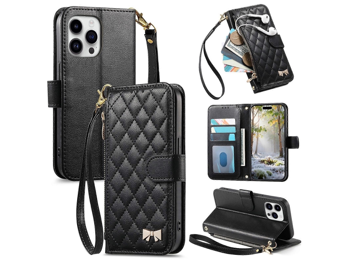 Capa Para Celular Em Couro Vegano Com Textura Rômbica, Zíper E Laço Metálico, Com Alça Para Iphone 15 Pro Max.