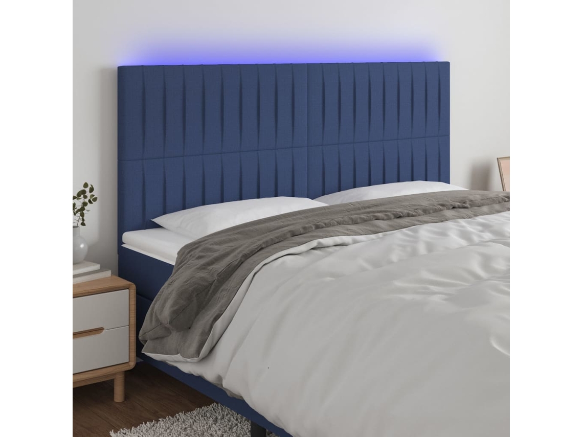 Vidaxl Cabeceira De Cama C/ Luzes Led Tecido 200x5x118/128 Cm Azul