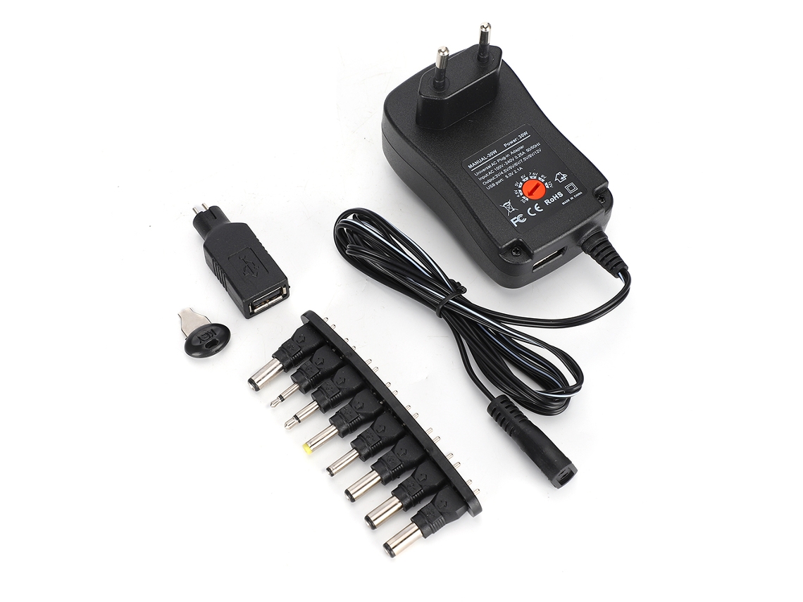 Adaptador De Alimentação 30w Com Tensão Ajustável 3-12v, 2.1a E 9 Conectores Dc