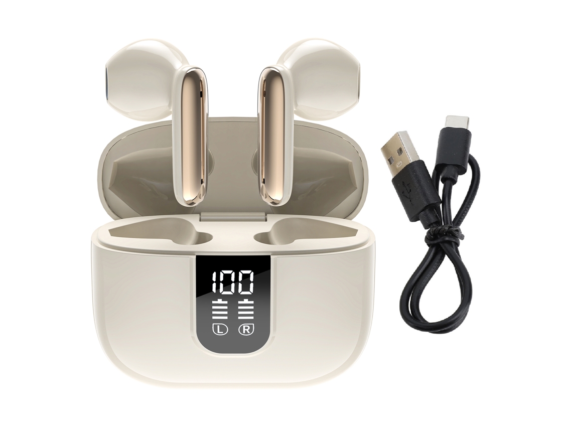 Fones de Ouvido Bluetooth Mali Sem Fio com Redução de Ruído, Tela Digital e Estojo Bege