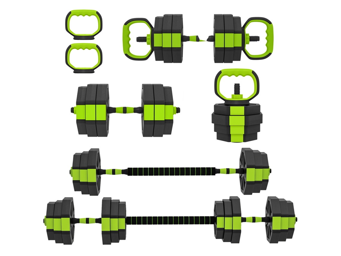 Este Conjunto De Musculação Multifuncional 6 Em 1 Pesa 25 Kg, É Feito De Plástico E Areia, Mede 125 X 18 X 18 Cm E É Verde. É Uma Escolha Ideal Para