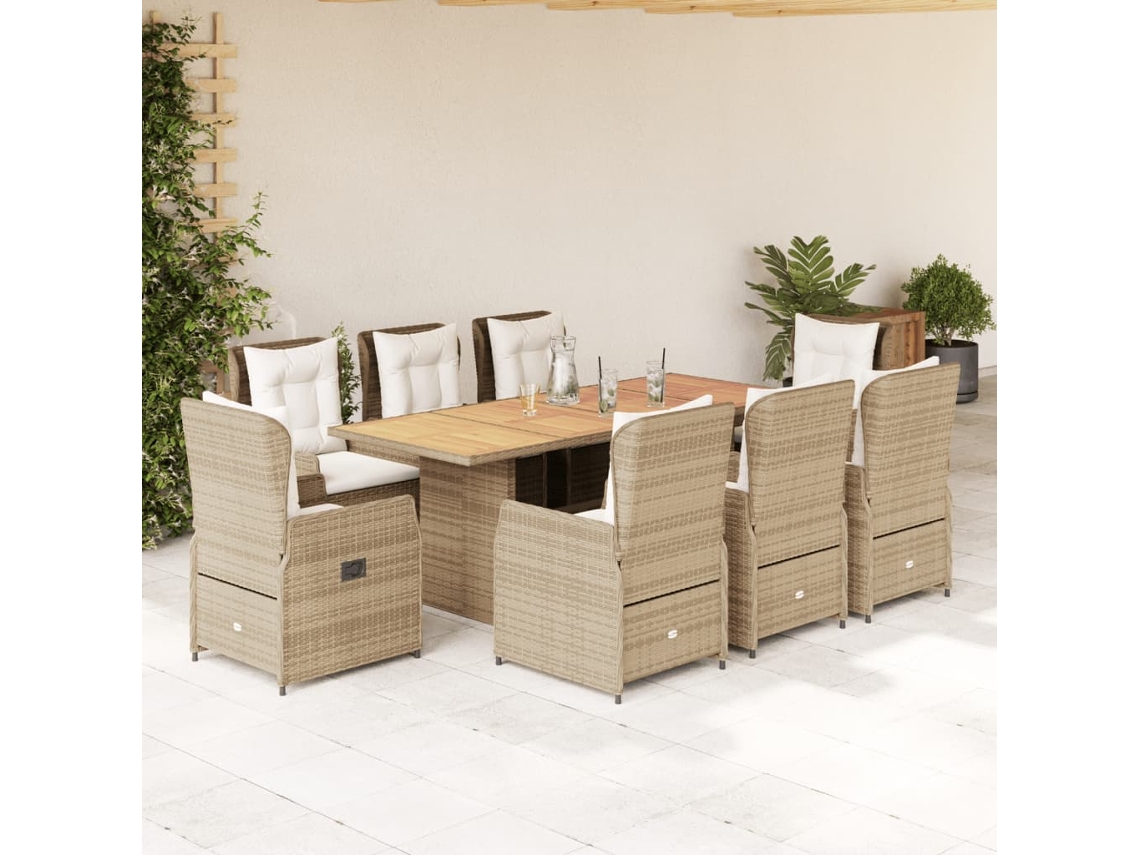 Vidaxl 9 Pcs Conjunto De Jantar P/ Jardim Com Almofadões Vime Pe Bege