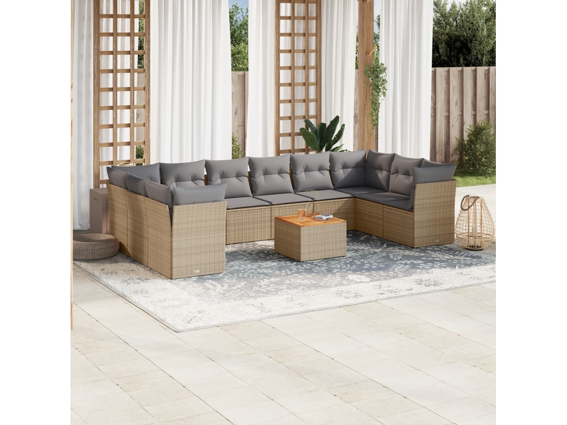 Vidaxl 11 Pcs Conj. Sofás Jardim C/ Almofadões Vime Pe Bege Misturado