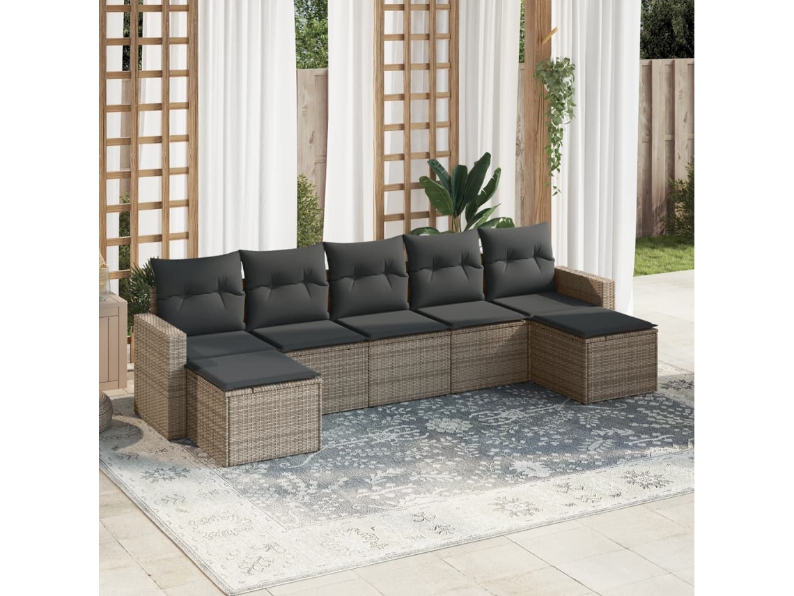 Vidaxl 7 Pcs Conjunto Sofás P/ Jardim C/ Almofadões Vime Pe Cinzento