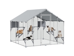 Gaiola Grande para Gatos Exterior com 2 Casinhas 7 Plataformas para Saltar Cobertura Impermeável e Anti uv 240x193x195 Cm Prata PROFESIA BOYANG