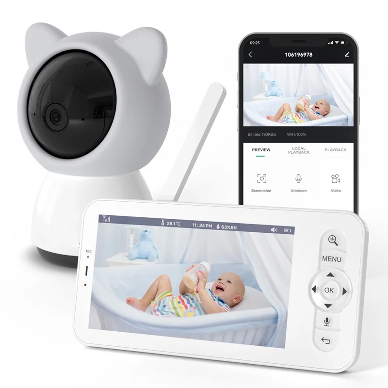 Monitor De Bebé Zruxe Baby5 Com Ecrã De 5 Polegadas, Voz Bidirecional E Câmara Com App Para Vigilância Remota - Cinzento