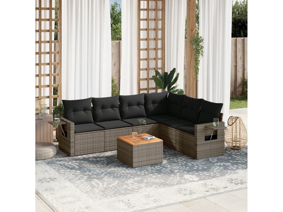 Vidaxl 7 Pcs Conjunto Sofás P/ Jardim C/ Almofadões Vime Pe Cinzento