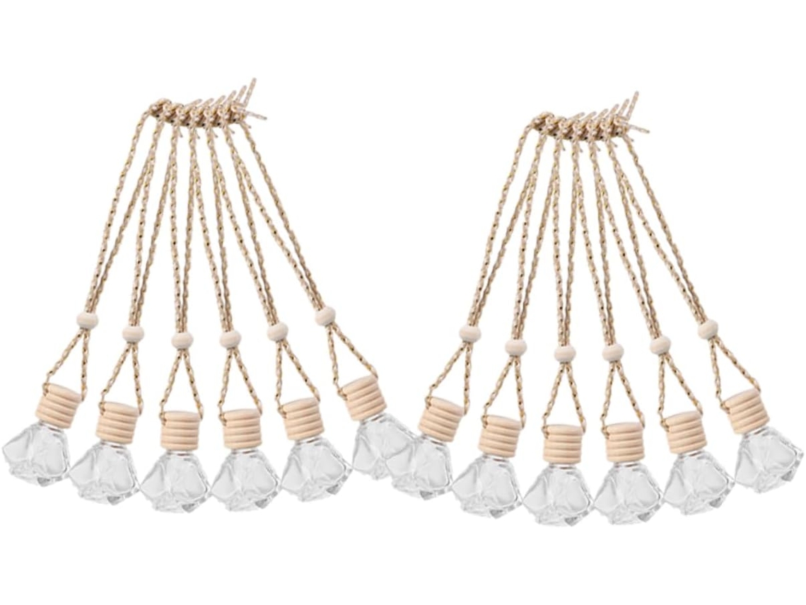 Conjunto De 12 Frascos De Perfume Para Aromaterapia Com Tampas De Madeira E Detalhes Em Vidro.