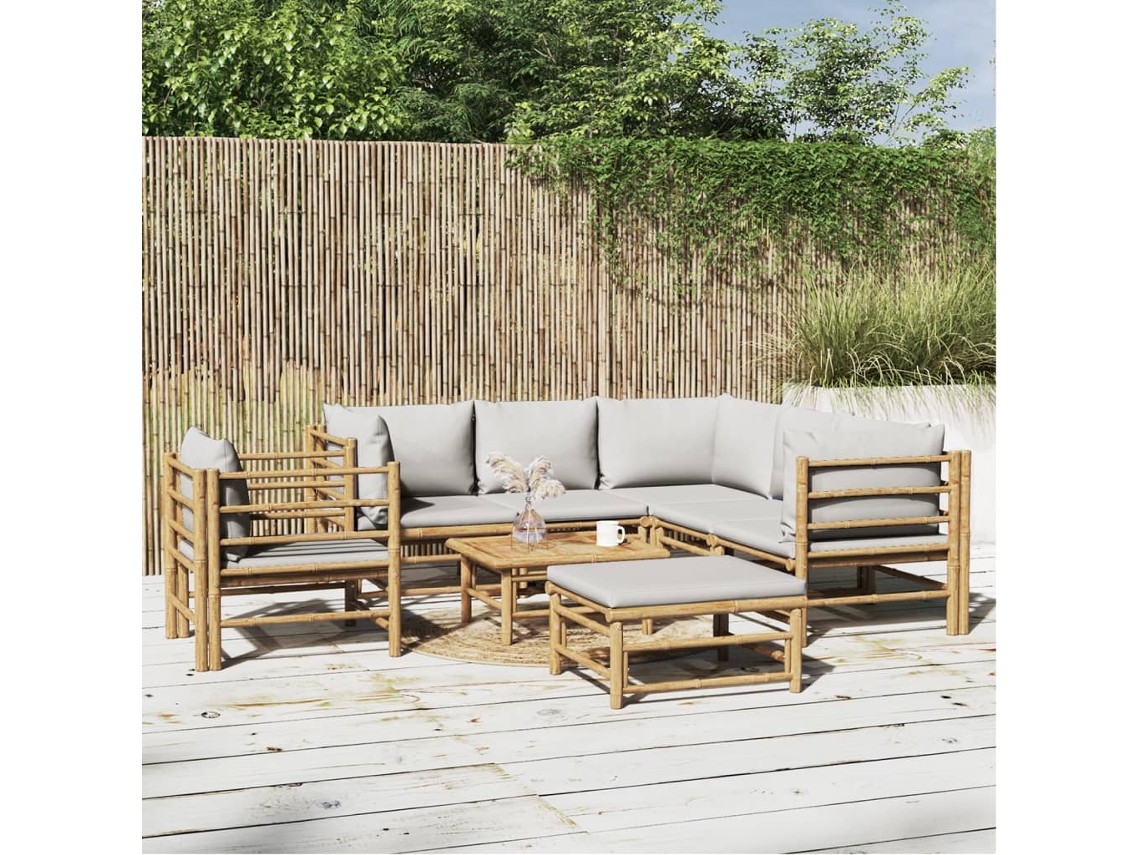 Vidaxl 8 Pcs Conj. Lounge De Jardim Bambu C/ Almofadões Cinzento-claro