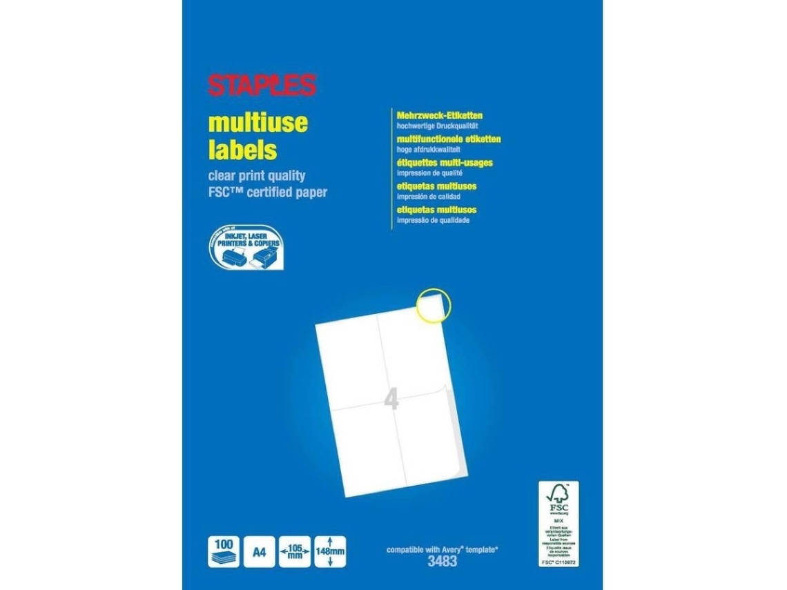 Etiquetas Multiusos STAPLES (A4 - 105x148 mm - 4 Etiquetas por Folha - 100 Folhas)