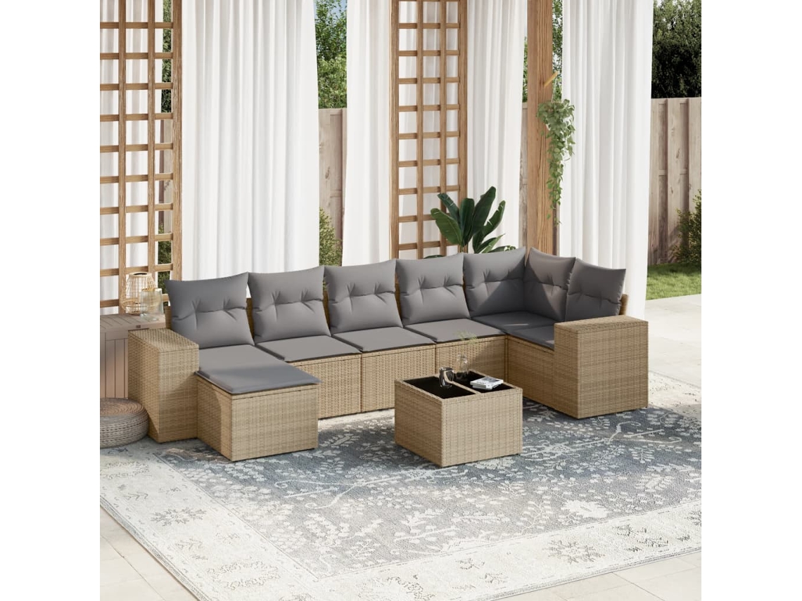 Vidaxl 8 Pcs Conjunto De Sofás P/ Jardim Com Almofadões Vime Pe Bege