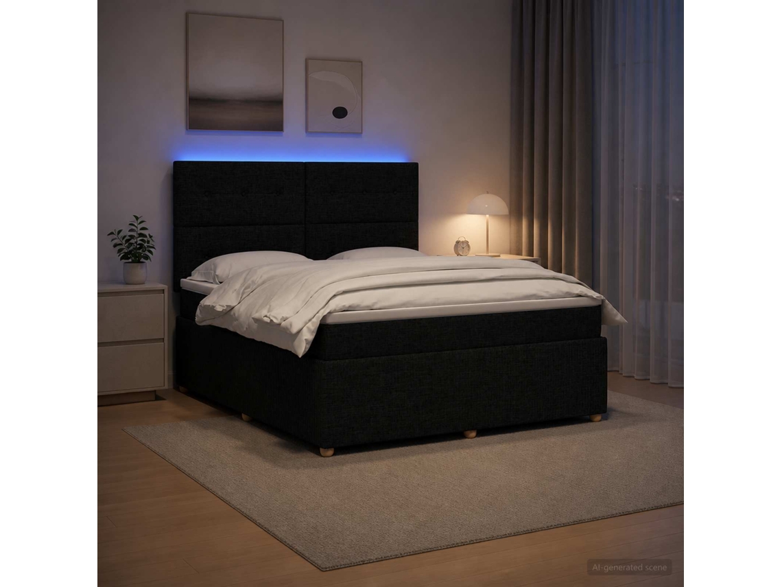Vidaxl Cama Box Com Led E Colchão Preto 180 X 200 Cm Tecido