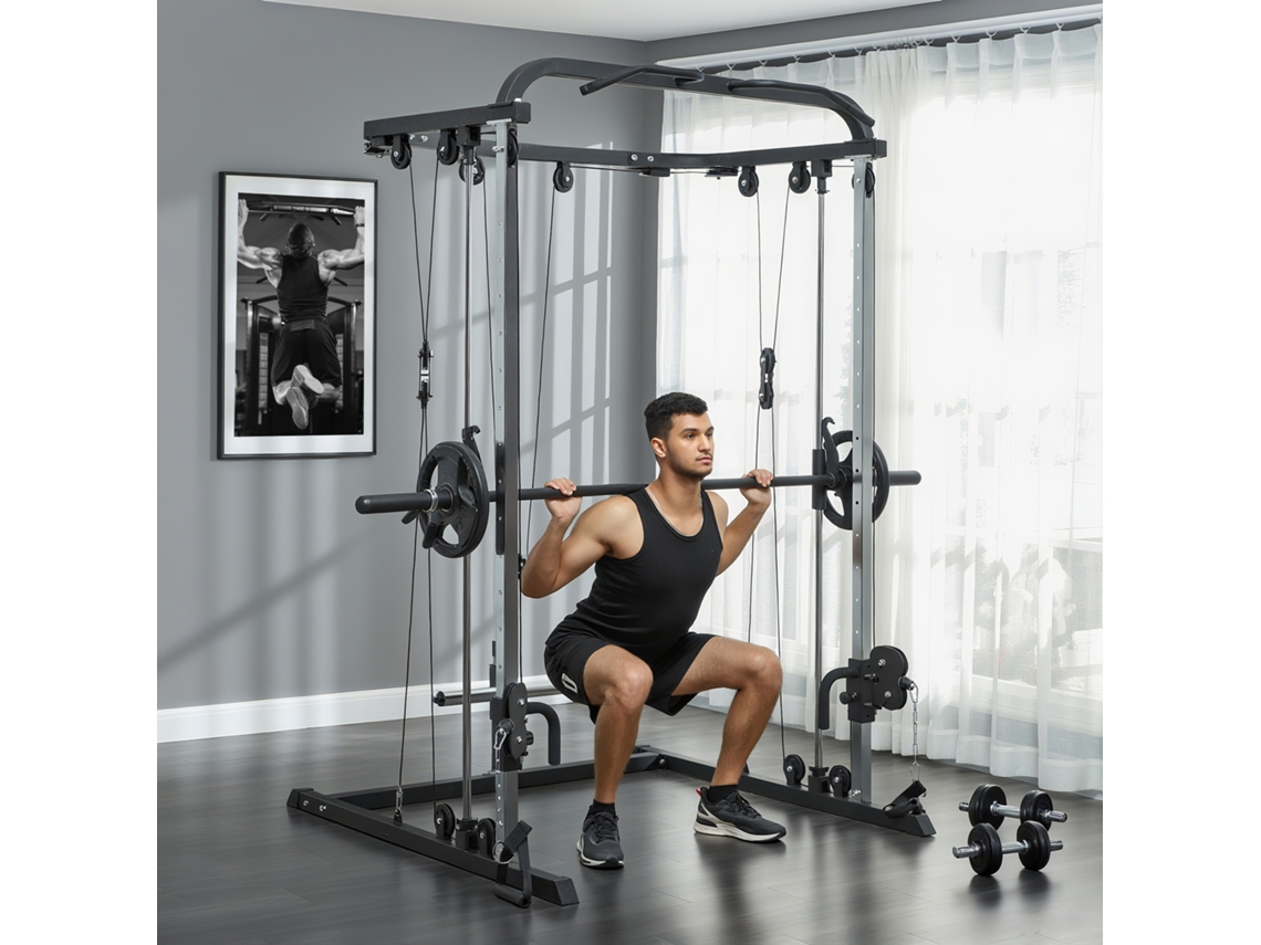 Máquina De Musculação Multifuncional Com Suporte Para Agachamentos E Barra De Pesos, 210x132x225 Cm, Na Cor Preta.