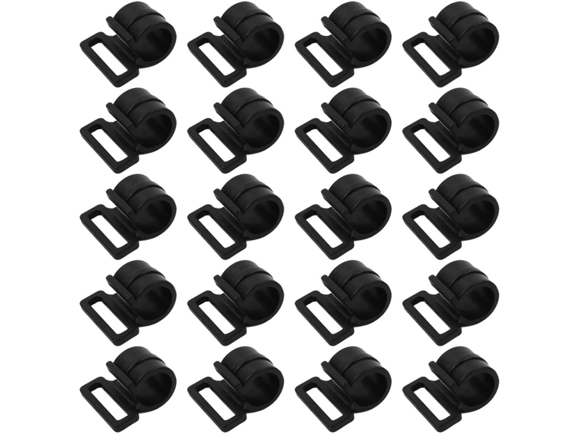 Conjunto de 30 ganchos de plástico reforçado para pendurar lonas e barracas.
