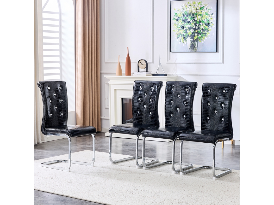 Conjunto 4 Cadeiras Retrô Jantar: Couro Crocodilo, Fivela Cristal, Design Sintético, Elegância, Pés Metal.