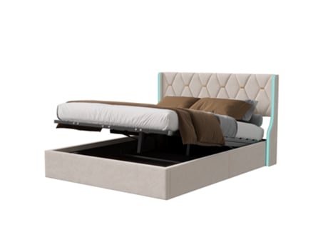 Cama De Casal Estofada 140x200 Cm, Cama Com Arrumação, Estrutura De Cama Com Estrado De Ripas E Iluminação Led, Cama Juvenil, Cama Estofada Mexus