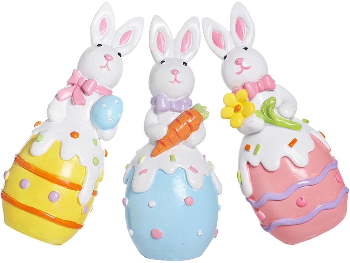 Conjunto 3 Estatuetas Coelhinhos Páscoa Resina Enfeites Fofos Decoração Escritório Festa GOKOCO