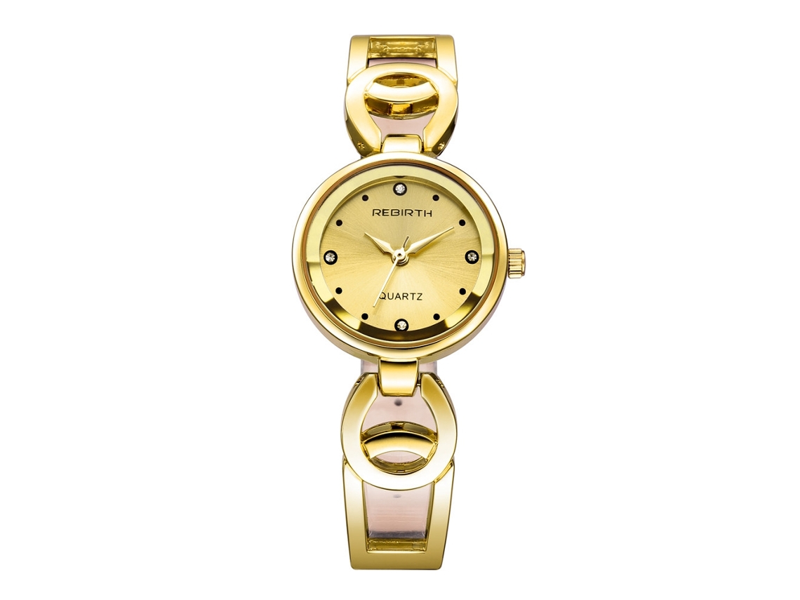 Relógio de Pulso Feminino Rebirth com Strass Mostrador Redondo Quartzo À Prova D'água Dourado