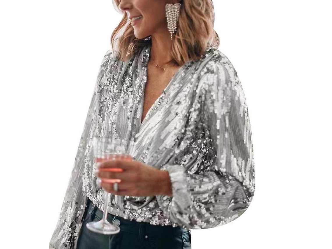 Camisa De Mulher Com Strass Decote Em V Manga Longa Para Festa Plata L