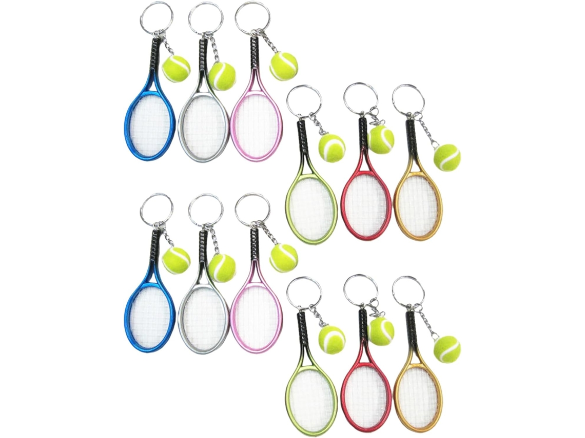 Conjunto De 12 Chaveiros De Tênis Multicoloridos, Com Pingentes De Raquete E Bola, Em Liga Metálica.