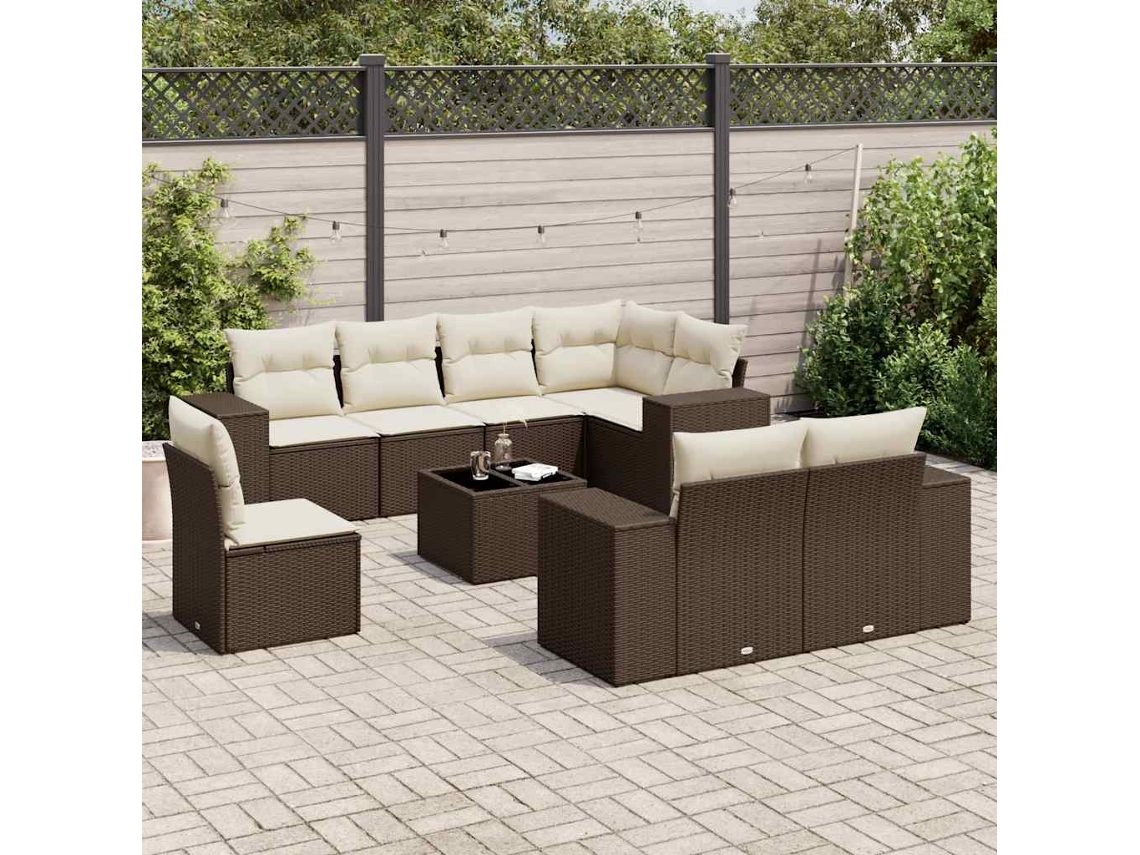 Vidaxl 9 Pcs Conjunto Sofás P/ Jardim C/ Almofadões Vime Pe Castanho