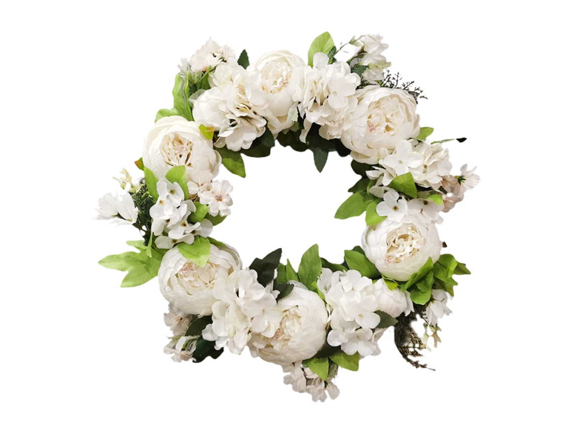 Guirlanda De Flores Artificiais Peônia Branca Laxiscreed Com Folhas De Tecido E Anel De Rattan