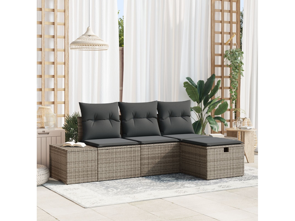 Conjunto De Sofá De Jardim De 4 Peças Com Almofadas Cinza De Rattan Sintético Lovely Home