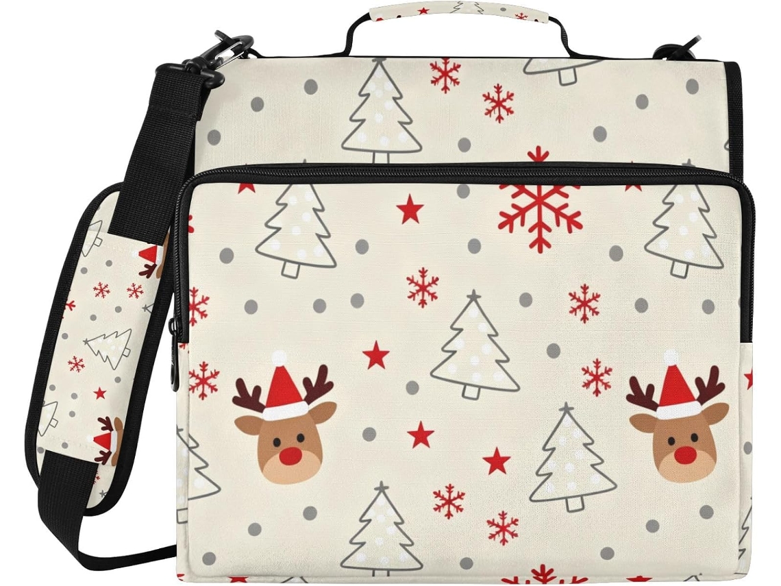 Massa Fichário Bege 1,5 Polegadas Com Estampa Árvore Natal E Rena, 3 Argolas Com Bolsas Extras E Altura Dos Ombros