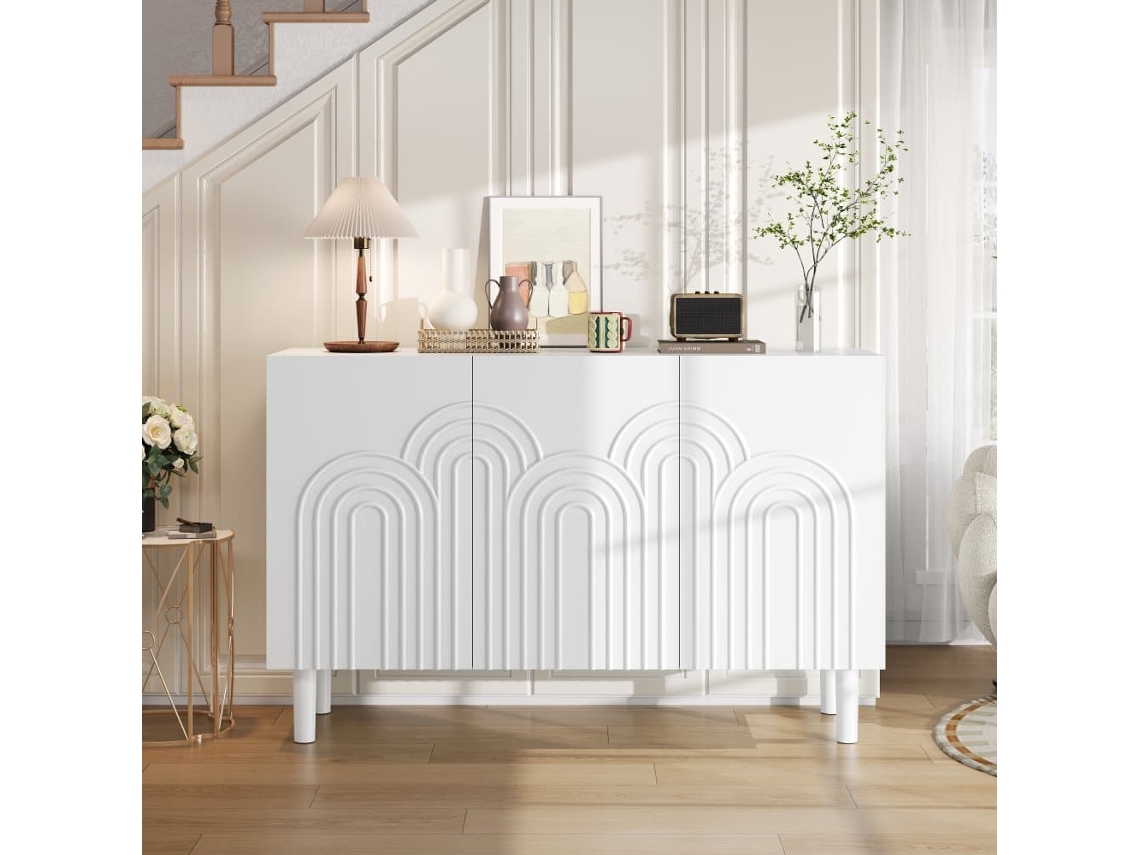 Aparador 120x38,5x79 Cm - 3 Portas, Grande Capacidade De Armazenamento, Com Pés De 16 Cm - Branco
