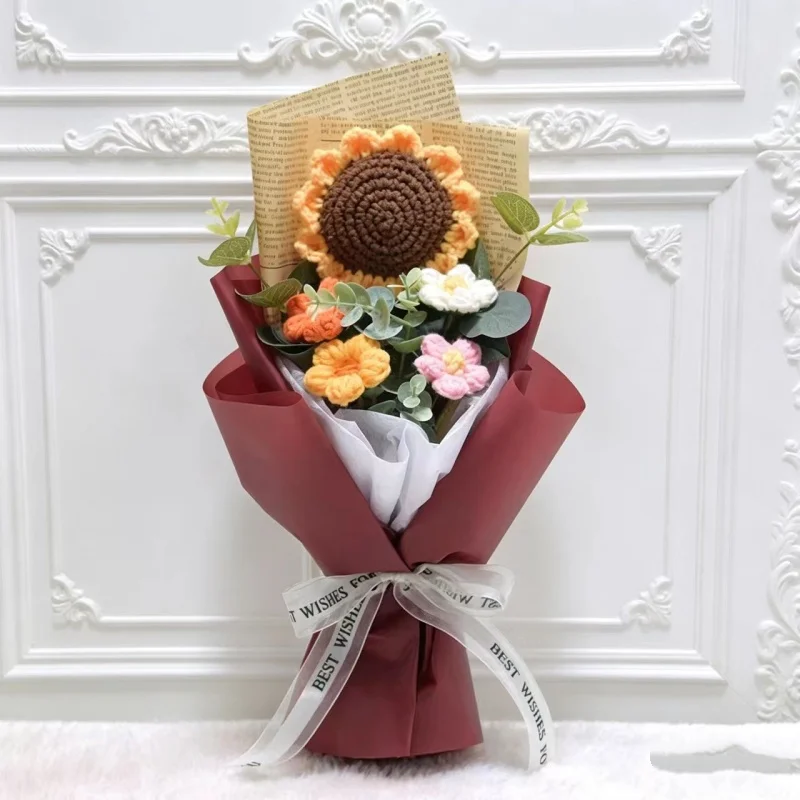 Buquê De Flores Artificiais De Crochê Com Acabamento Em Tricô, Presente Criativo