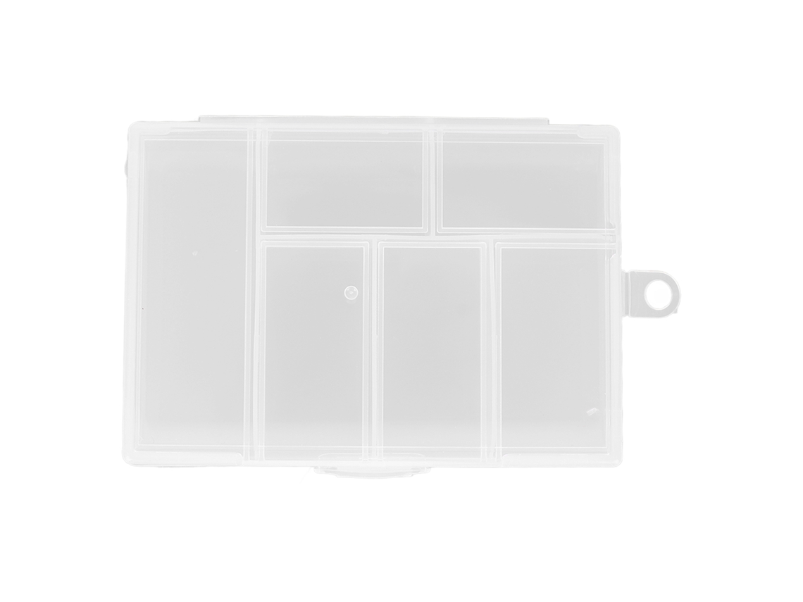 Caixa organizadora transparente com 6 compartimentos para joias, artesanato e projetos DIY.