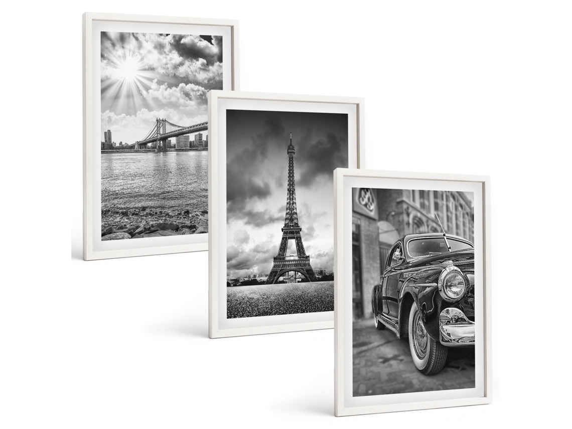 Pinturas Murais Modernas Vistas Da Cidade, Pontes, Torre Eiffel Moldura Branca Quadros Para O Escritório Espelharte (3 Piezas De 40x60 Cm)