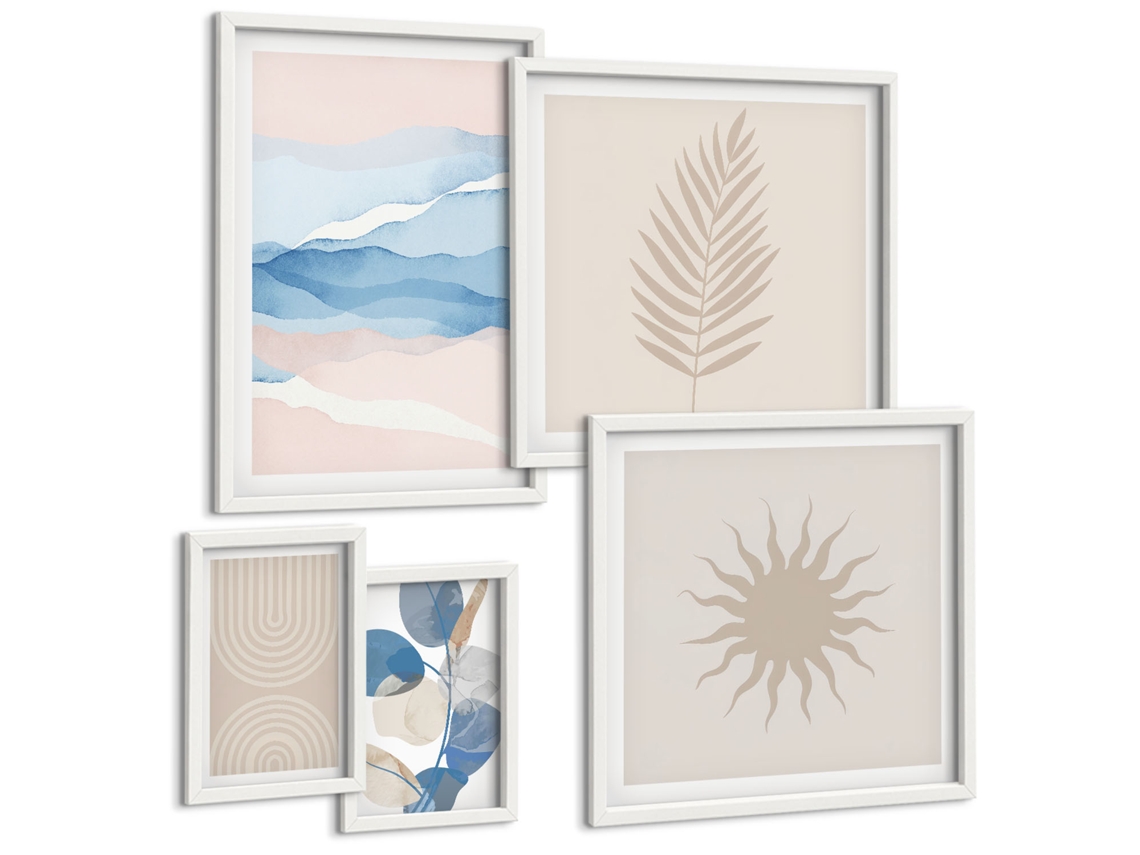 Pinturas Murais Modernas Padrões Florais Boho Moldura Branca Pinturas De Quarto Espelharte (conjunto De 5 Imagens)