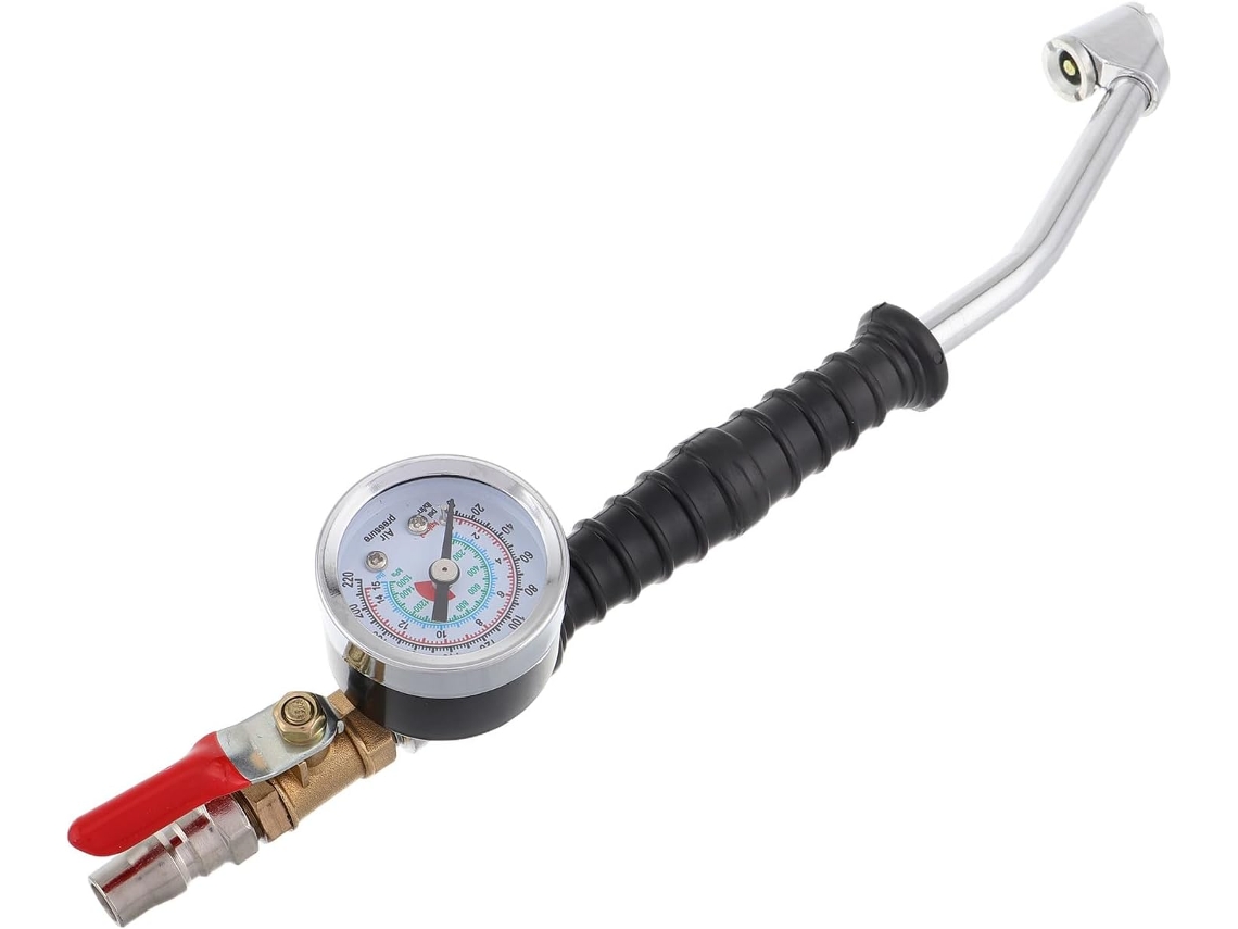 Inflador De Pneus De Alta Resistência Com Bico Angulado Estendido E Manômetro De Pressão Preciso Integrado.
