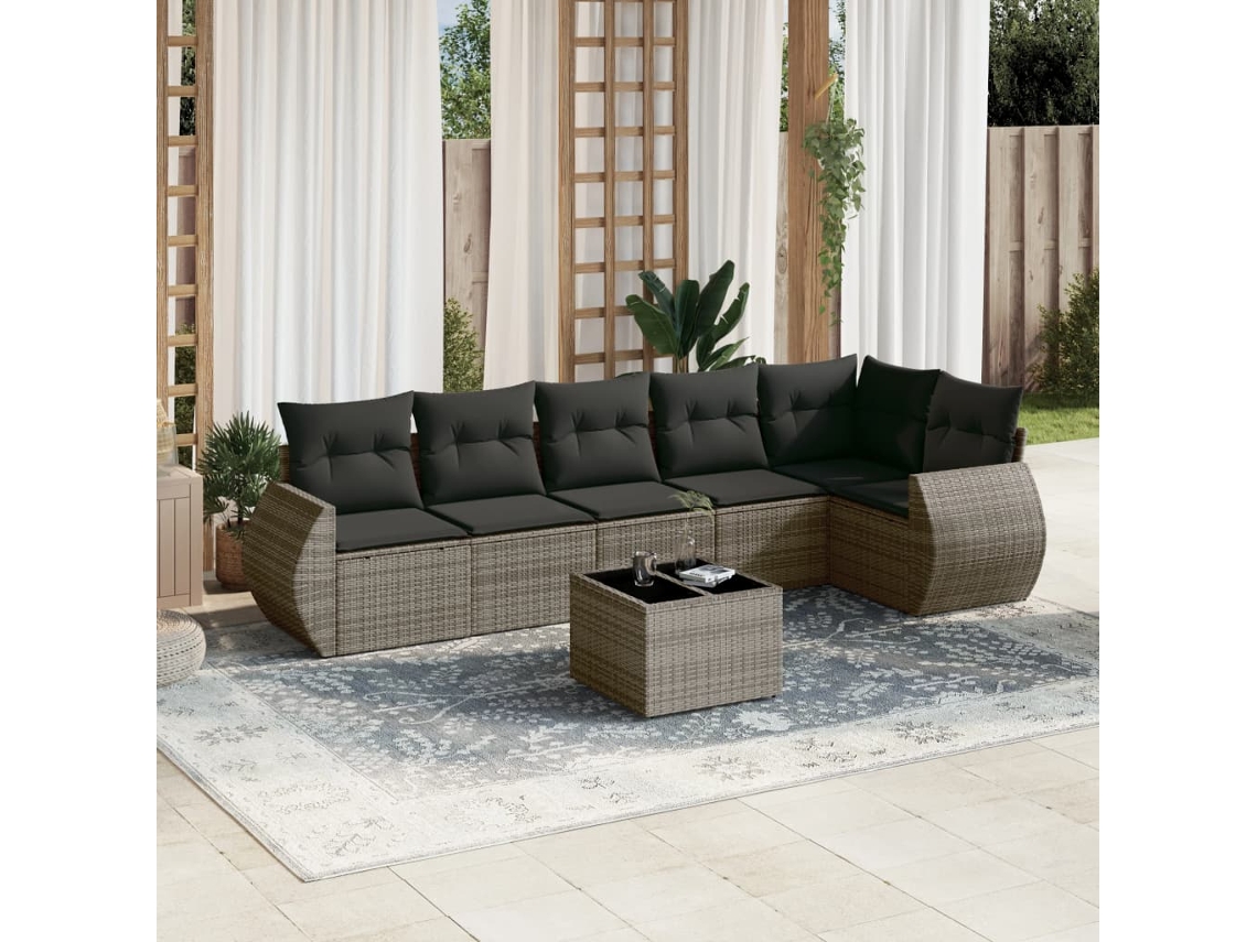 7 Pcs Conjunto Sofás P/ Jardim C/ Almofadões Vime Pe Cinza Dkd Home Decor