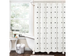 Cortina De Chuveiro Boho Circle Tufted Em Algodão Reciclado Tingido Com Fios Ecológicos, Preta, 183 Cm X 183 Cm