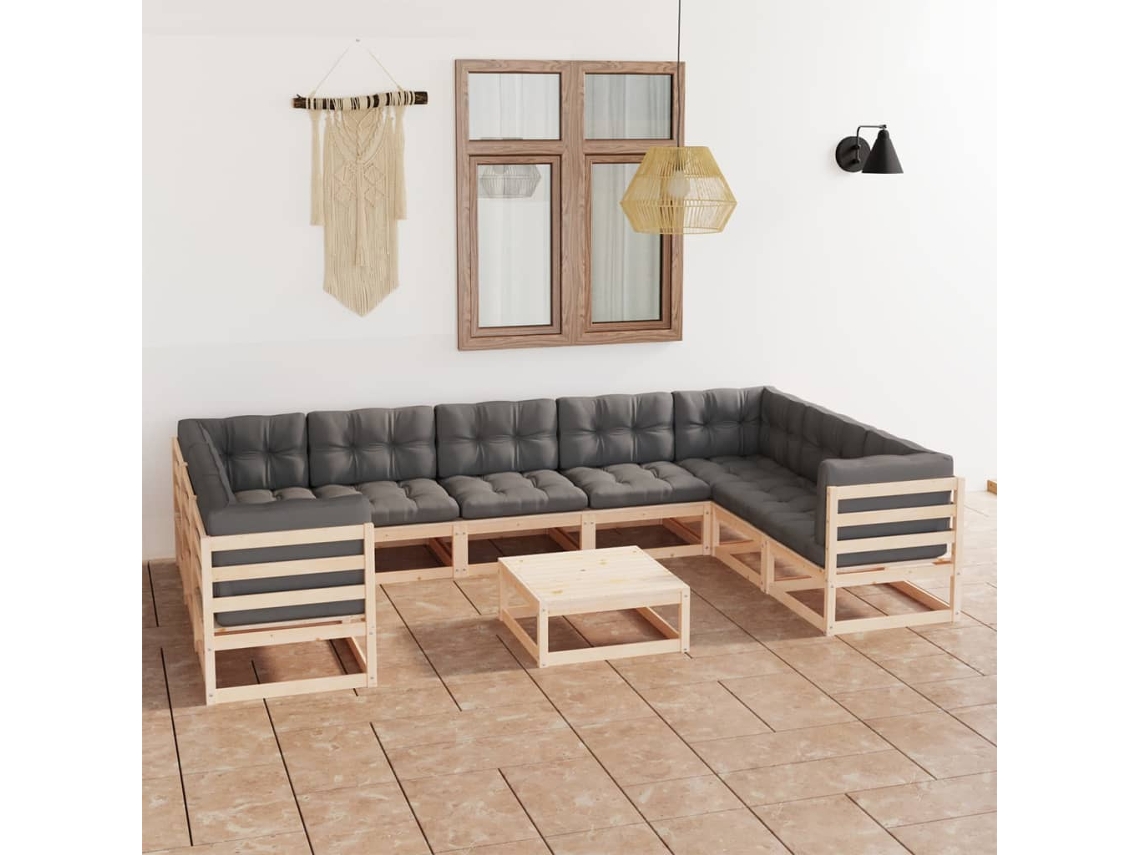 Vidaxl 10 Pcs Conjunto Lounge De Jardim C/ Almofadões Pinho Maciço