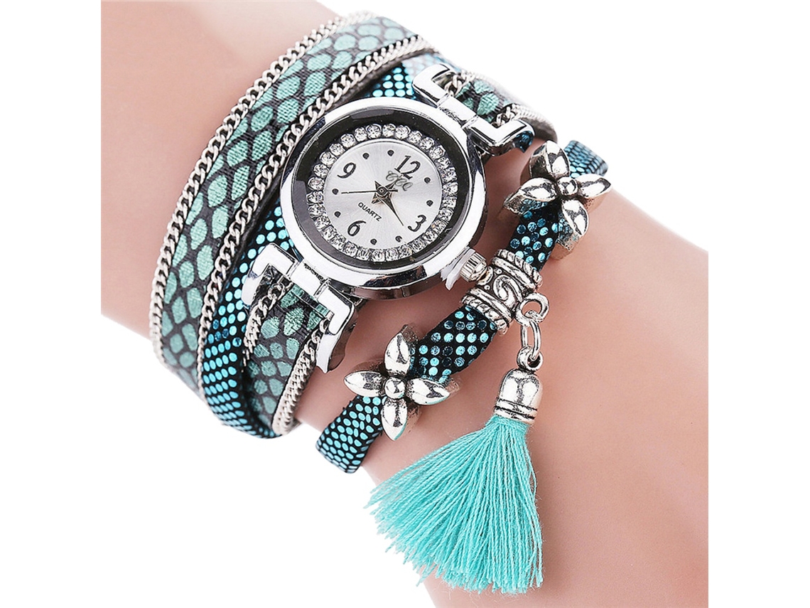 Relógio de Pulso Feminino Ccq com Pulseira de Múltiplas Camadas e Pedras Preciosas (menta)