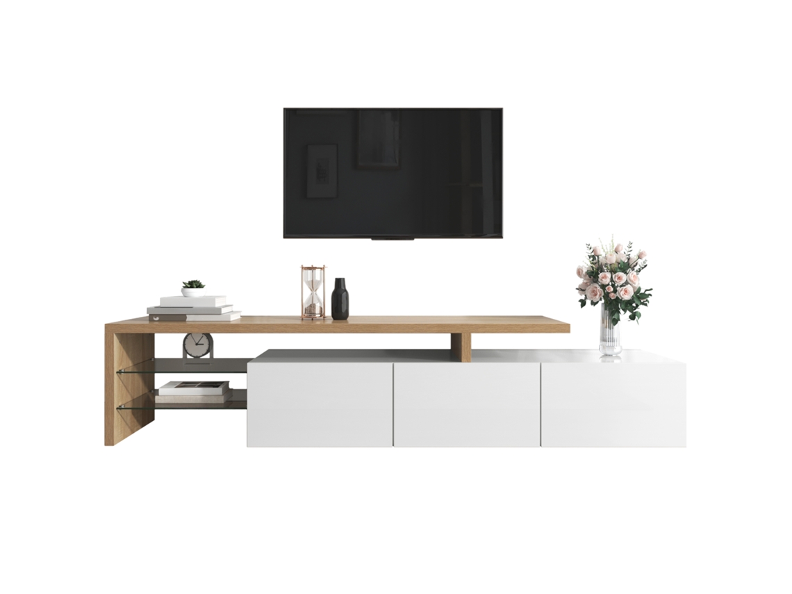Design Moderno De Rack Para Tv: Elegância Estilosa,armazenamento Prático,brilho Branco,acabamento Em Madeira,prateleiras De Vidro,iluminação Led