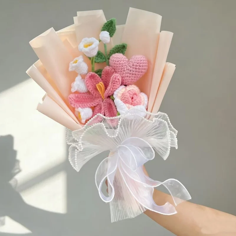 Buquê De Flores Artificiais De Crochê (rosa) - Buquê De Aniversário Feito À Mão