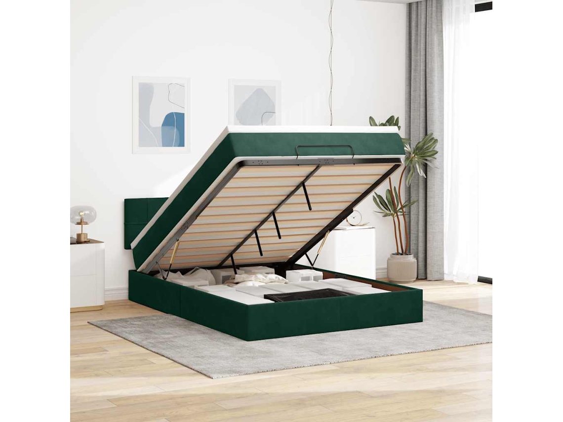 Vidaxl Estrutura de Cama Otomana com Colchão 140x190cm Verde Escuro