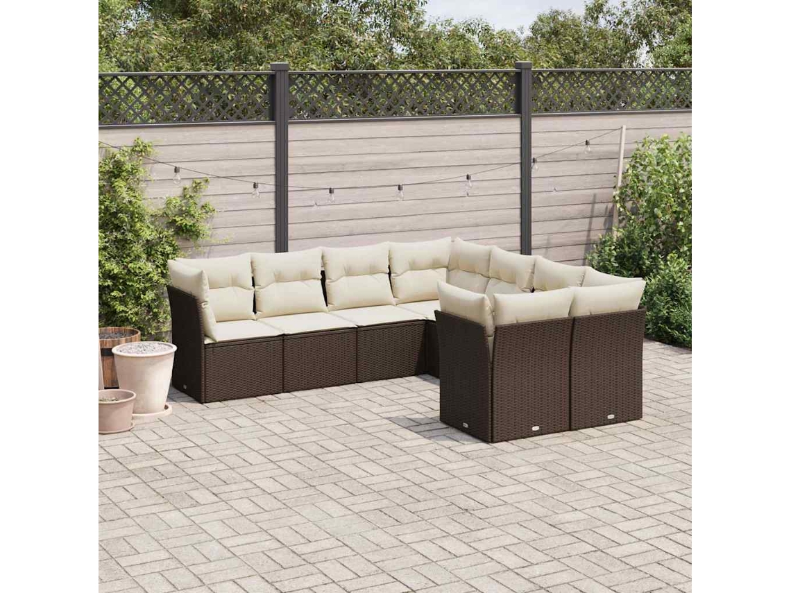 Vidaxl 8 Pcs Conjunto Sofás De Jardim C/ Almofadões Vime Pe Castanho