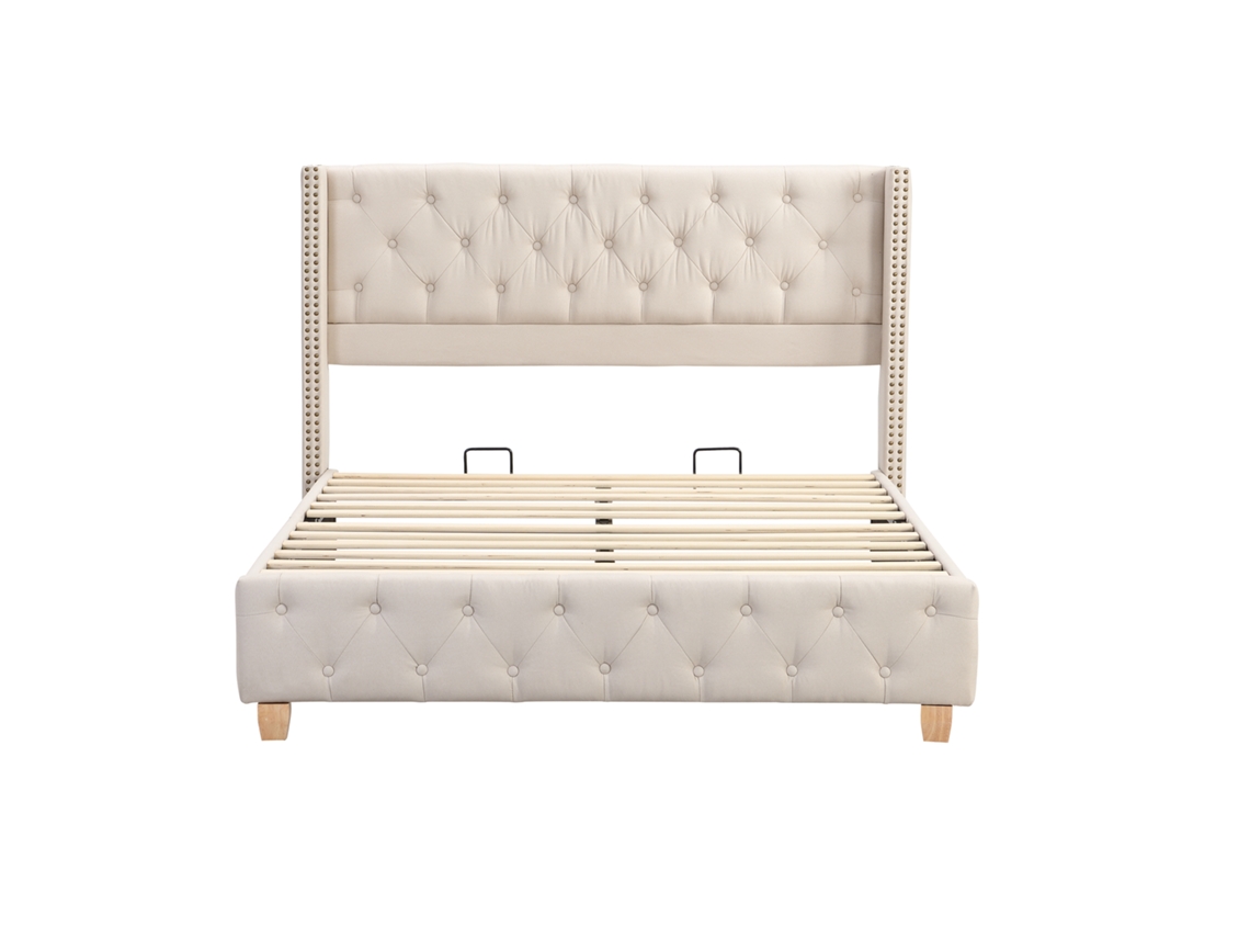 Cama Estofada 160x200 Cm Em Linho Bege Com Acabamento Com Tachas