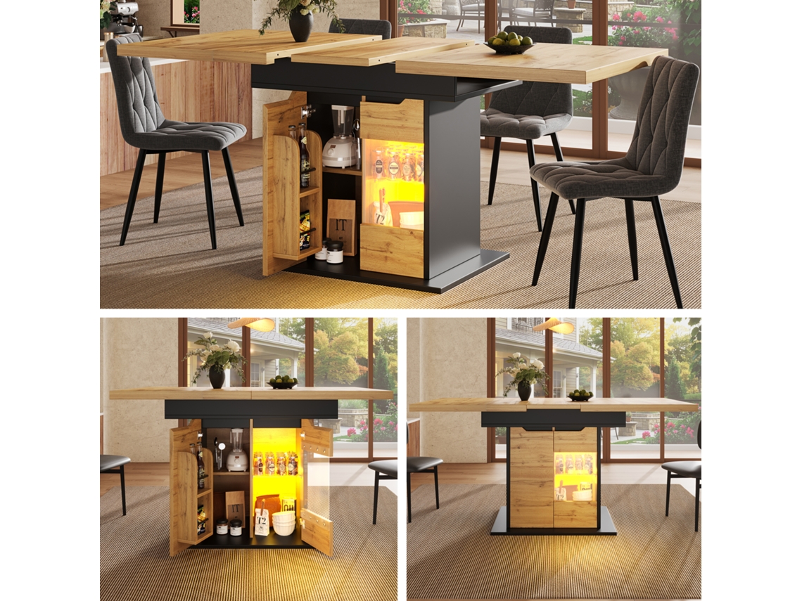 Mesa De Cozinha Extensível Para 4 6 Pessoas, Mesa Telescópica Com Led, Com Armazenamento Para Lanches E Portas De Armário, Design Compacto. Bga Store
